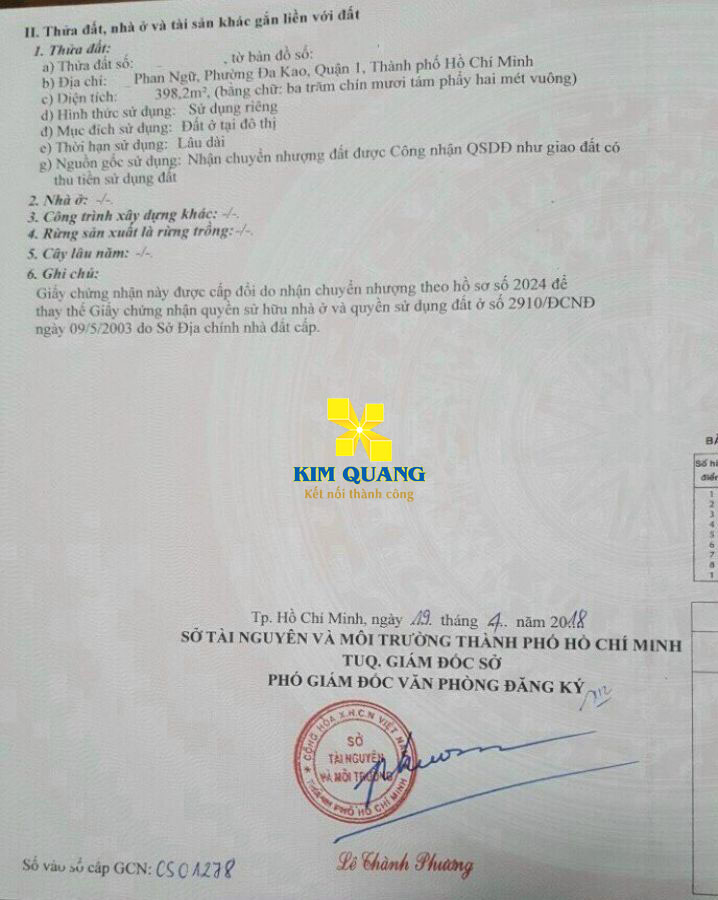 Hình chụp giấy chứng nhận quyền sở hữu bán khu đất đường Phan Ngữ quận 1