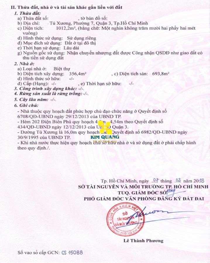 Hình chụp giấy chứng nhận quyền sử dụng đất của tòa nhà bán đường Tú Xương