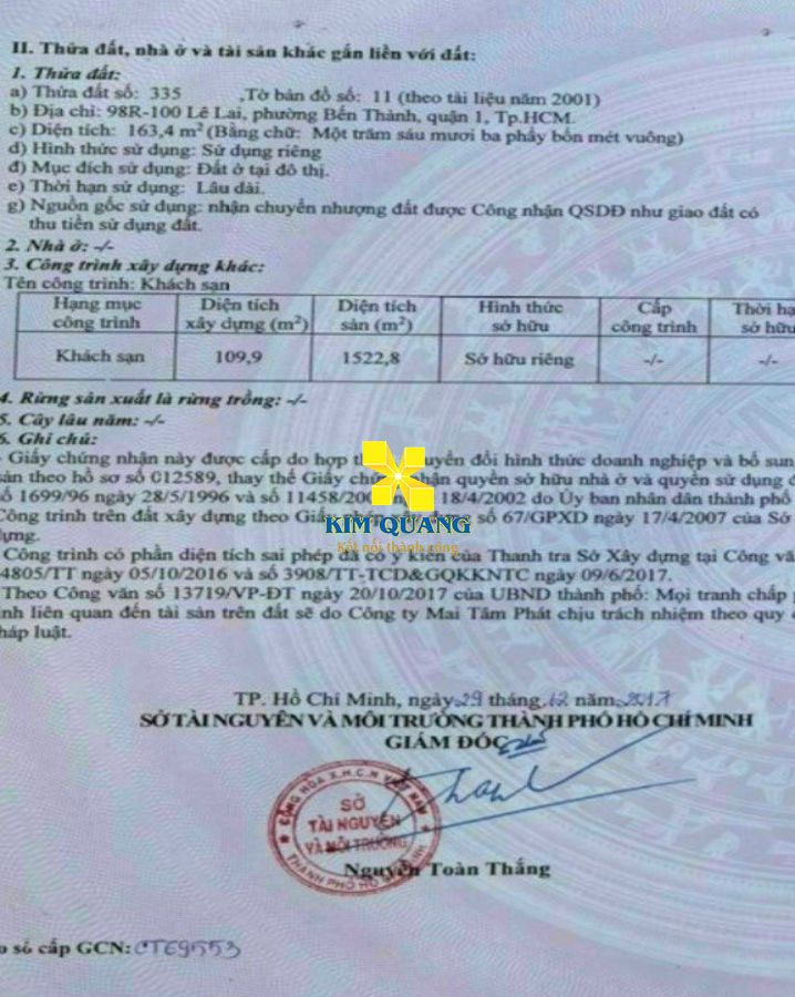 Hình chụp giấy chứng nhận quyền sở hữu tòa nhà khách sạn đường Lê Lai